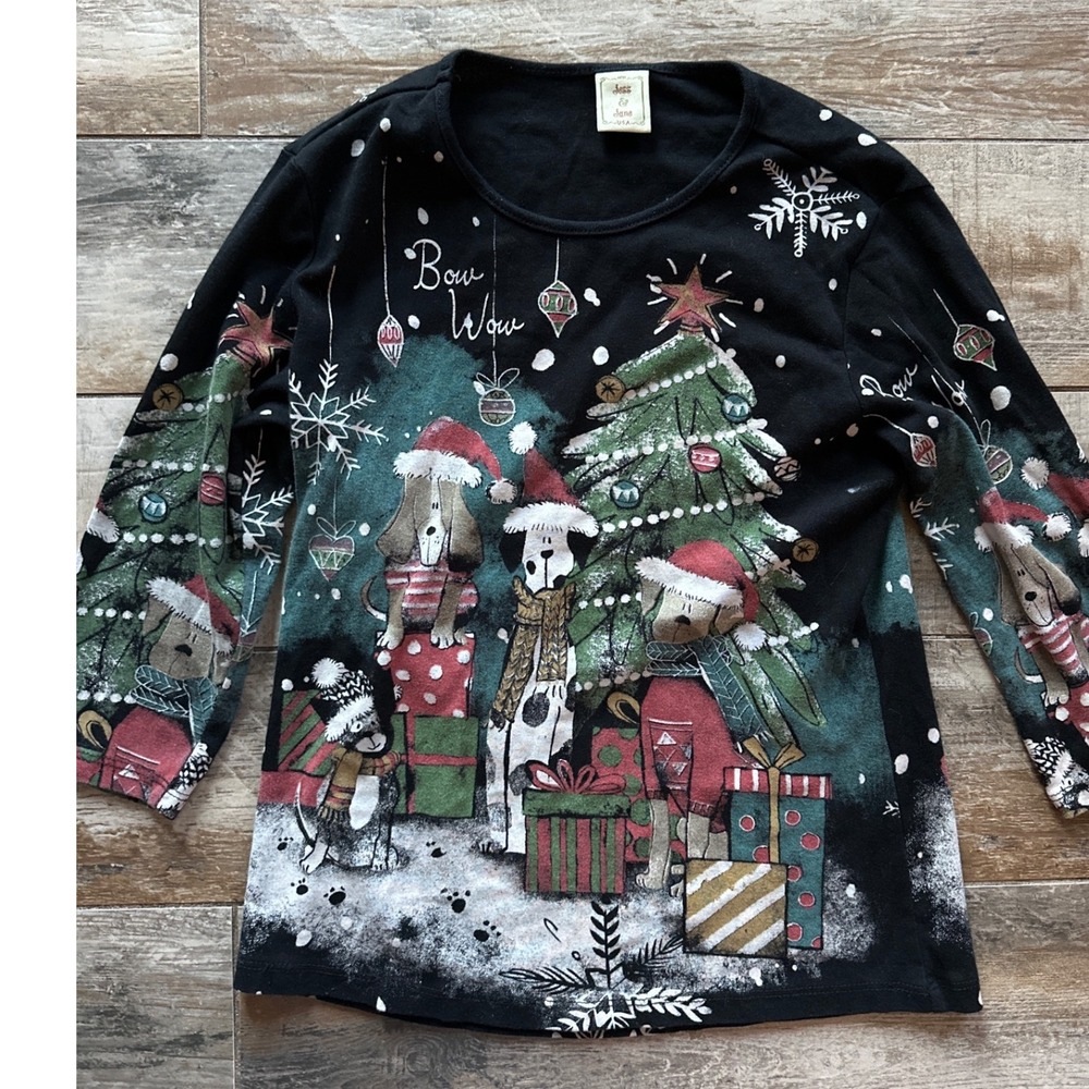 Jess & Jane Feliz Navidad Womens Christmas Print Cotton Top ABSTRACT PRINT Sm - Picture 2 of 10